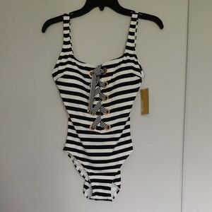Michael Kors Black and White Striped Swimwear